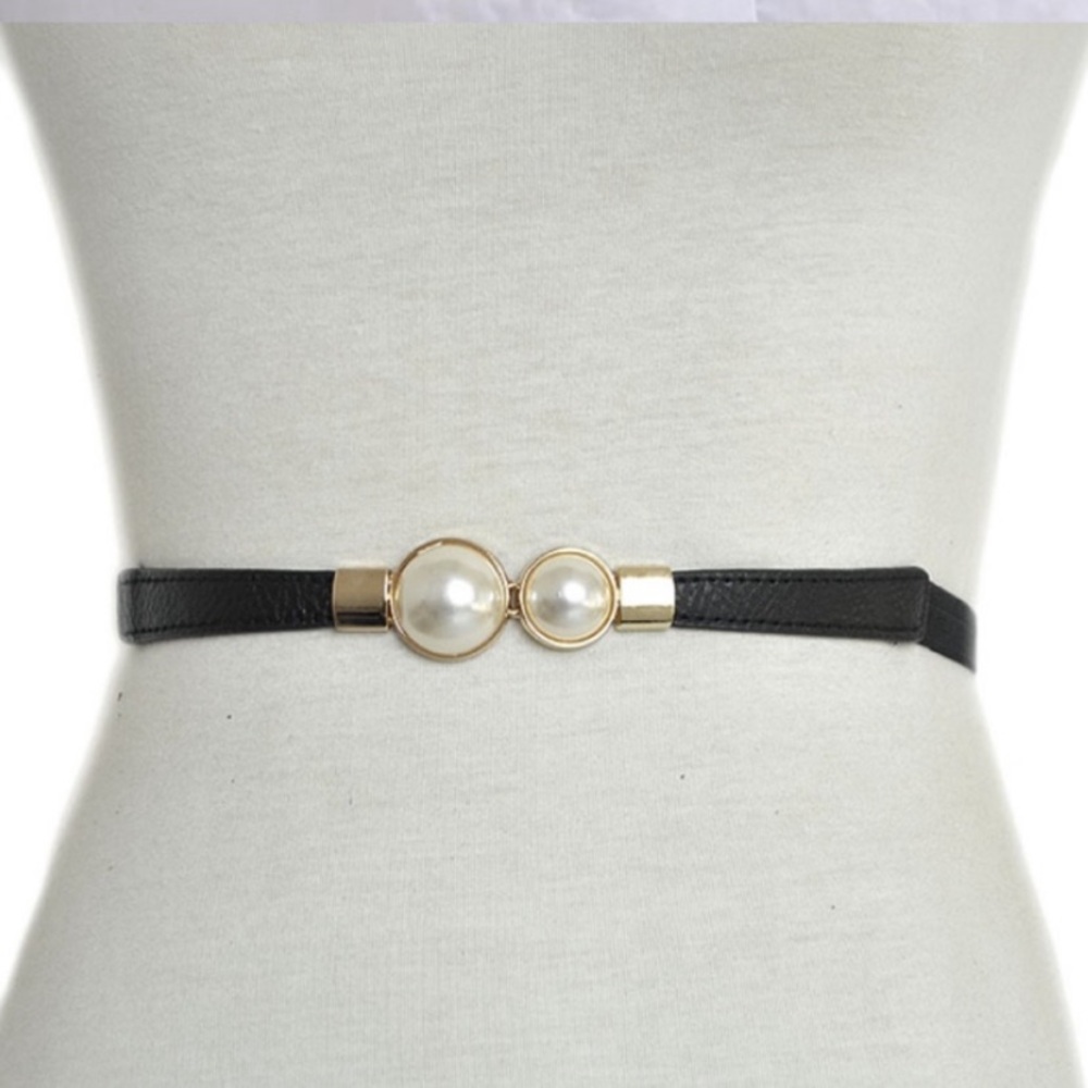 Faux Pearl Stretch Belt Black Gold High Waist - Picture 2 of 8